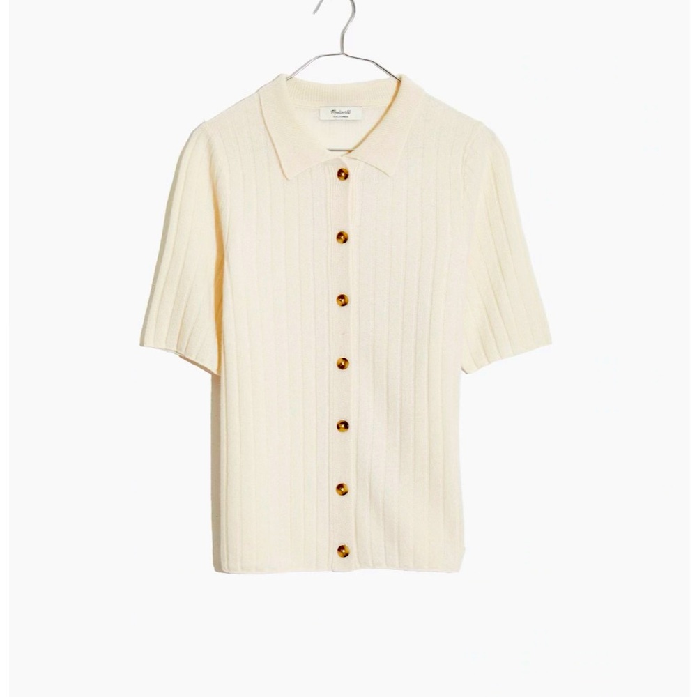 Madewell Cream Short-Sleeve Ribbed Button-Up Cardigan
